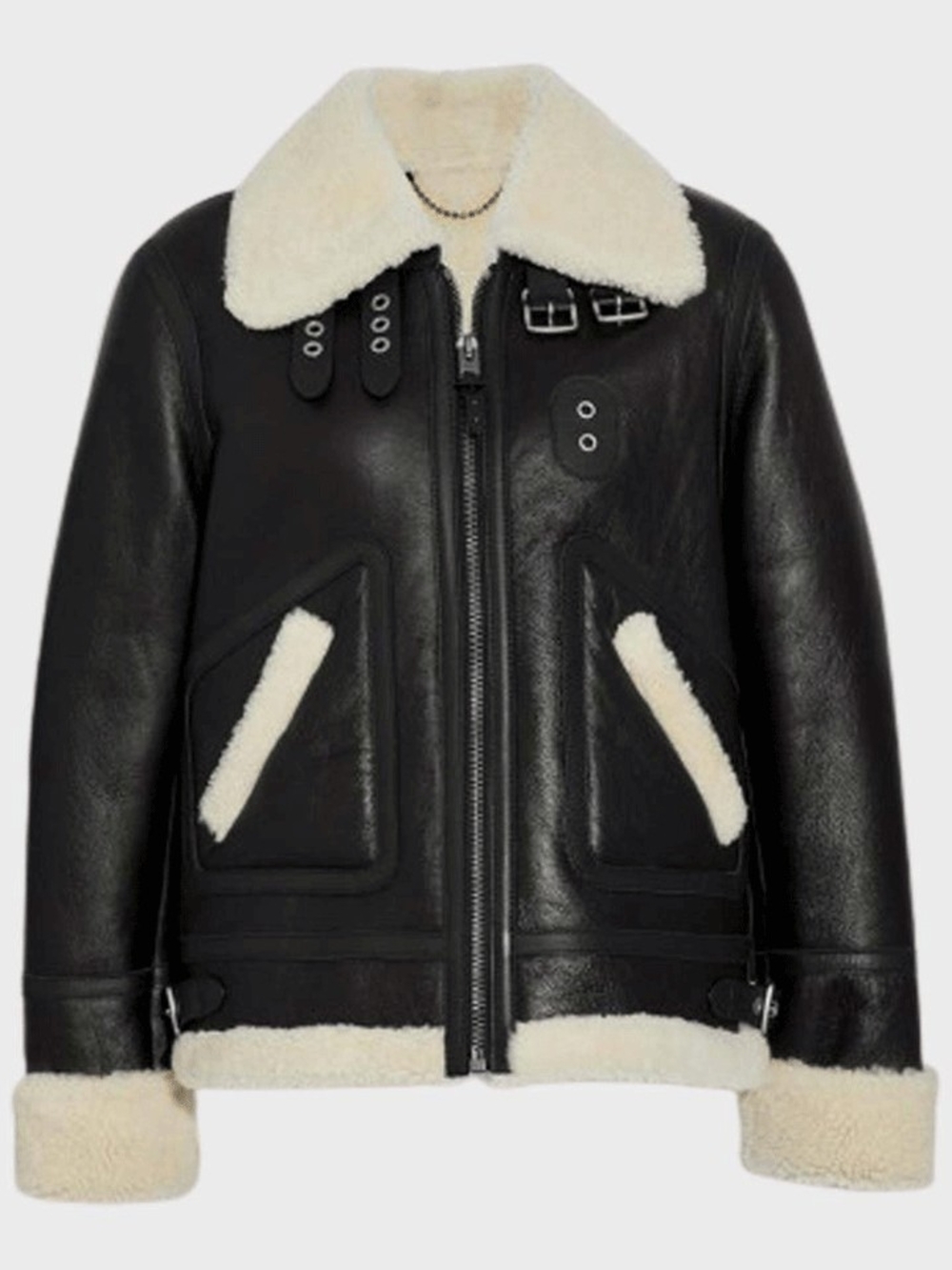 Women's Black B3 Aviator Ivory Shearling Leather Jacket